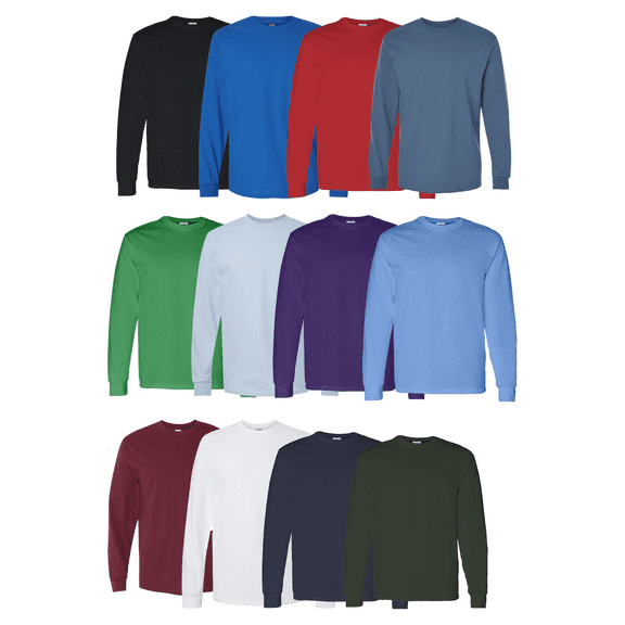 Gildan Men Long Sleeve Heavy Cotton T-Shirt, Classic Fit Crew Neck Tee, Assorted Color, 12 Pack, S