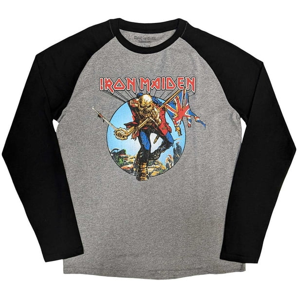 Iron Maiden - Camiseta Trooper Burst Raglan para Adultos Unisex (Negro, Gris)