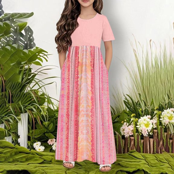 Fatuov Flowy Girls Dress Vintage Print Crew Neck Loose Fit Casual Long Dress with Pocket Summer Dress for Beach Size 9 Years