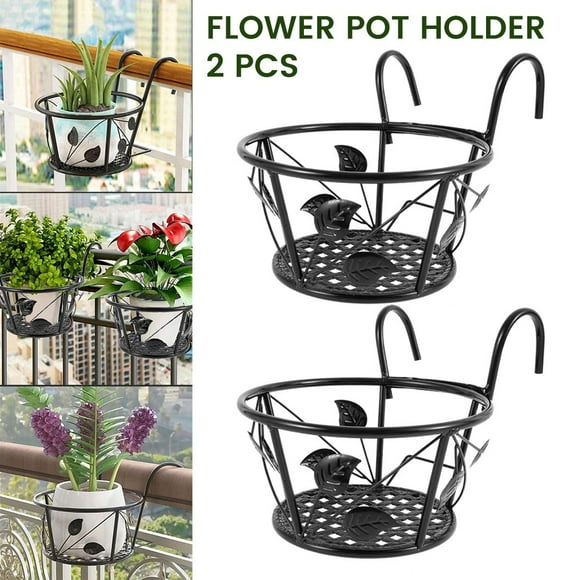AMERTEER Hanging Railing Planters Art Hanging Basket Metal Flower Pot Holder Iron Potted Plant Rack Fence Pot Stand