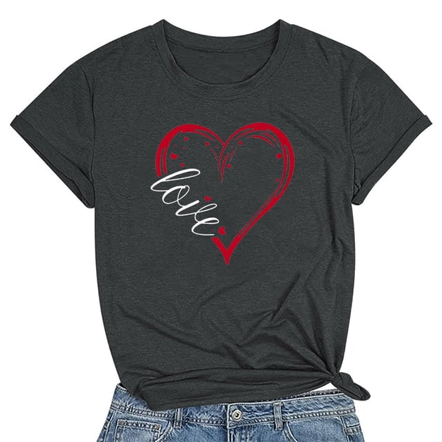 Meichang T-Shirts de la Saint-Valentin pour Femmes Mignons avec Cœur d'Amour T-Shirts Graphiques de Fête Manches Courtes Hauts Col Rond Coupe Ample T-Shirts Tendance T-Shirts
