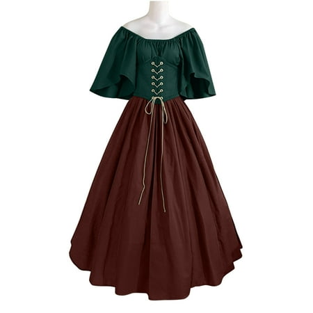 Meichang 2024 Clearance Sales Women s Plus Size Victorian Dress Flare Sleeve Off Shoulder Medieval Renaissance Dresses with Corset Color Block Patchwork Vintage Ball Gown