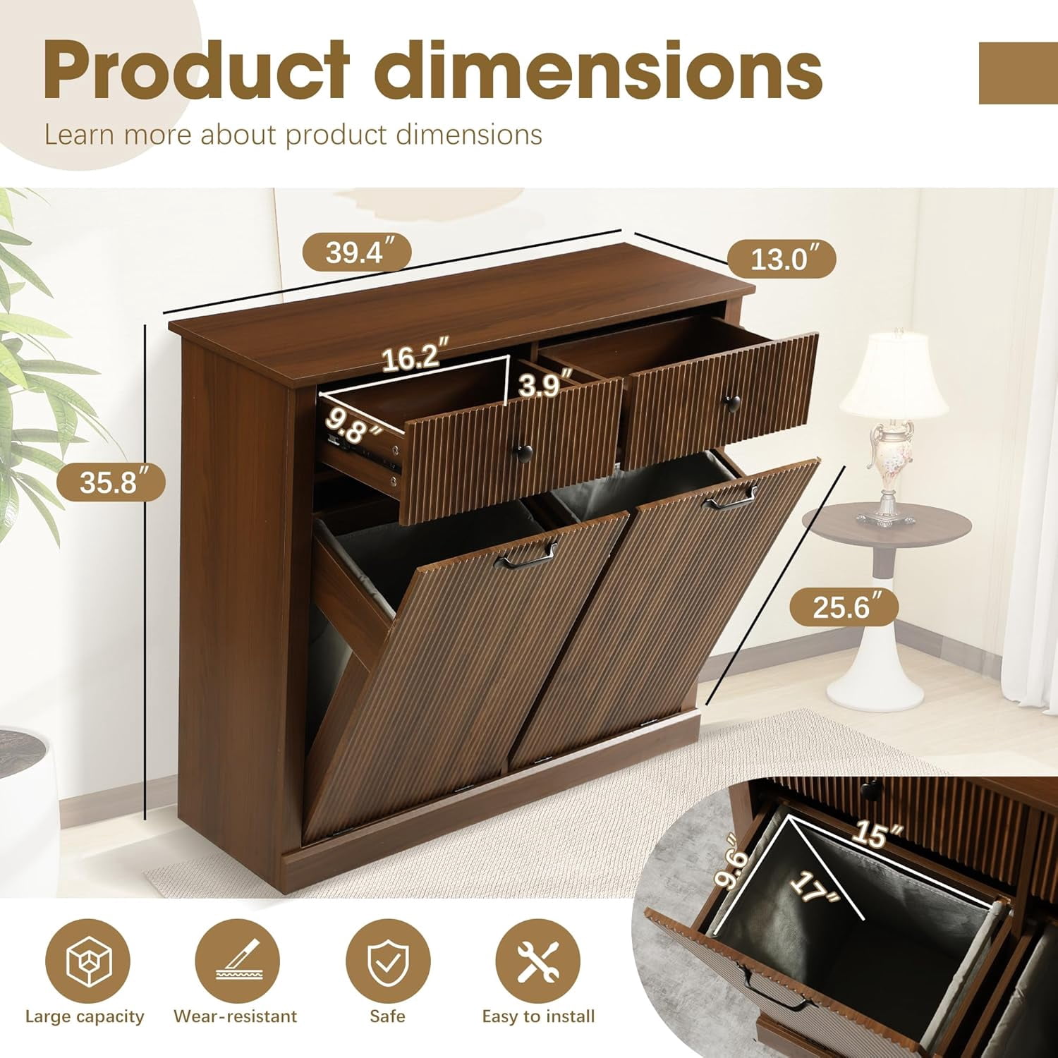 Magic Union Tilt Out Fluted Laundry Hamper Cabinet, 22 Gallon Double Hidden Laundry Hamper, Wooden Trash Can Cabinets with 2 Drawers, Modern Garbage Can Cabinet for Bathroom, Kitchen