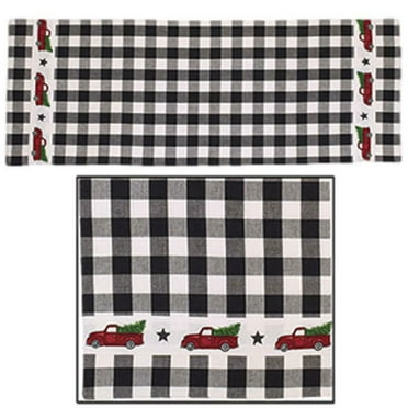 RED CHRISTMAS TRUCK Black Check Table Runner, 13" x 36", by The Country House