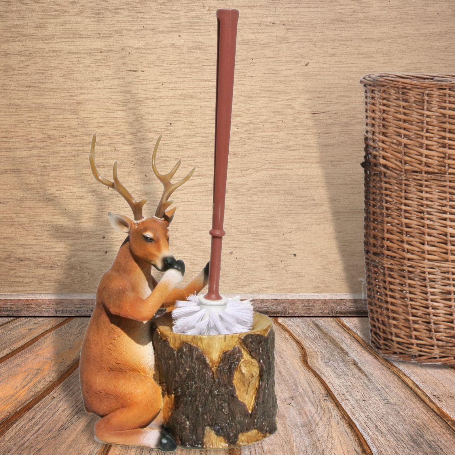 Stinky Deer Resin Toilet Brush Holder Set Rustic Lodge Cabin Bathroom Decor