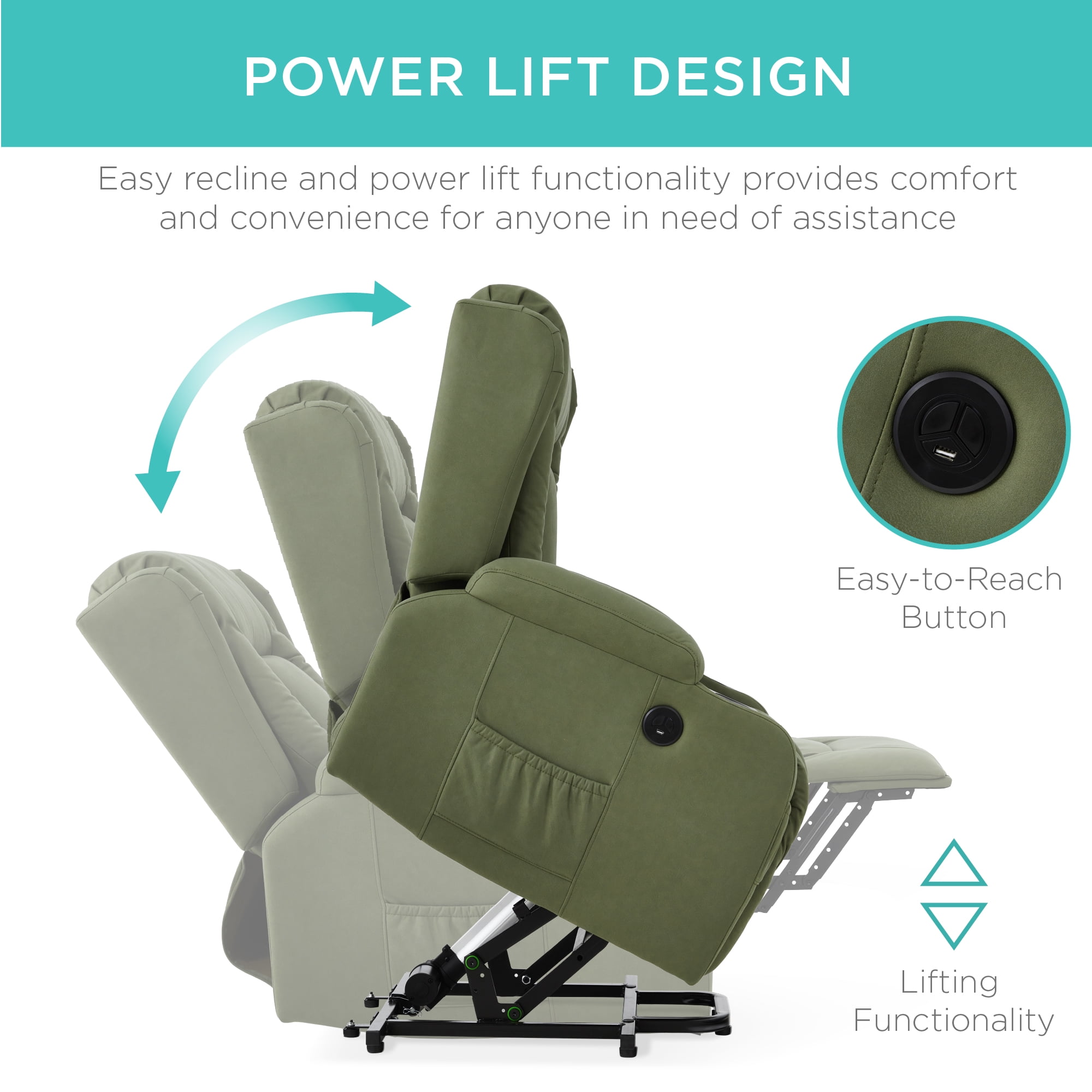 Best Choice Products Electric Power Lift Recliner Massage Chair Furniture w/ USB Port, Heat, Cupholders - Olive