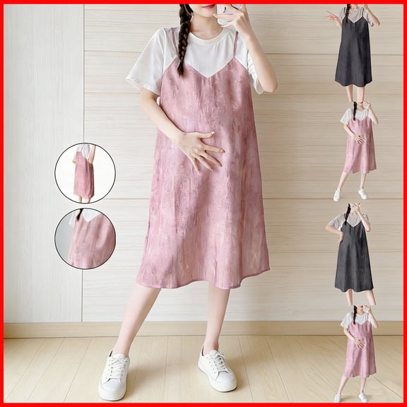 Frostluinai Womens Maternity T Shirt Dress Short Sleeve Crew Neck Loose Fit Midi Dress Color Block Summer Pregnancy Dresses Gray M