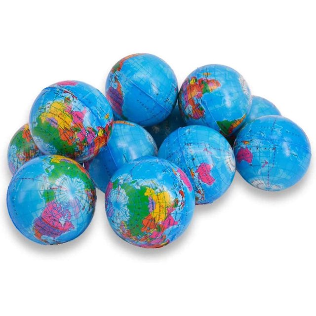 Paquete de 6 pelotas antiestrés apretables con forma de globo terráqueo (2,5 pulgadas) para niños, pelotas de salud que alivian la presión, pelotas con patrón de globo terráqueo para niños,