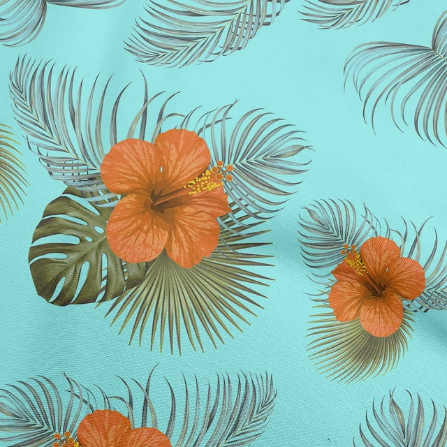 oneOone Polyester Spandex Turquoise Blue Fabric Tropical Hibiscus Floral Craft Projects Decor Fabric Printed By The Yard 56 Inch Wide