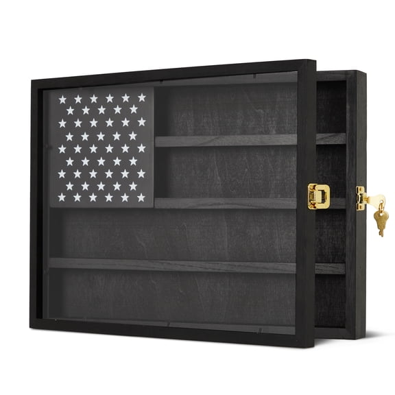 Challenge Coin Display Case, 4-Row Wooden Holder with Lock & Acrylic Door, Wall Mount, Black