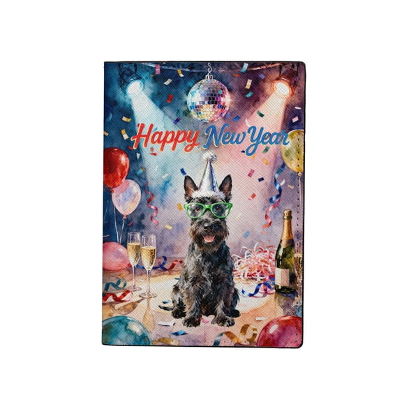 Happy New Year Scottish Terrier Chills on Year-End Party Travel Passport Wallet Scottie Dog Lover Gifts PU Leather Passport Holder Cover - 12023