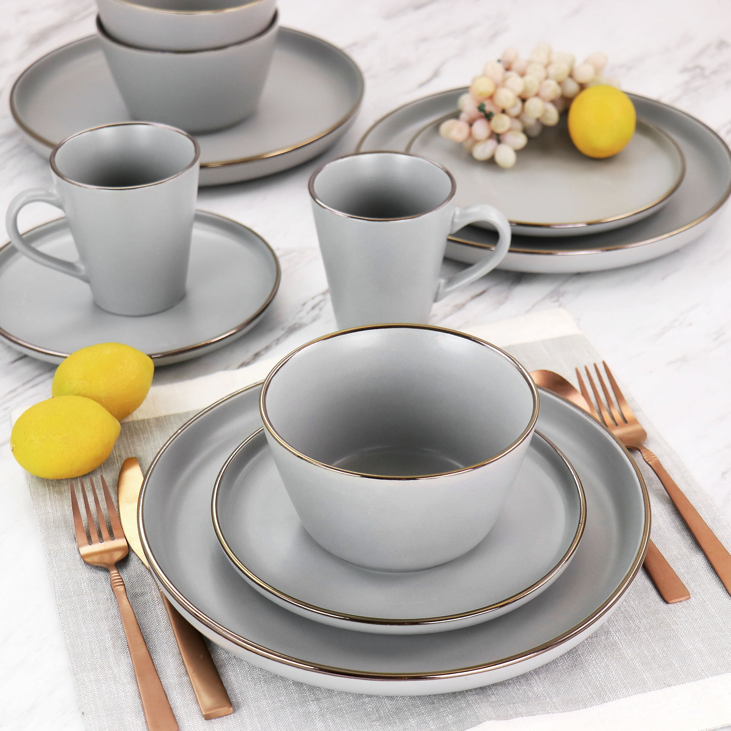Elama Louis 16 Piece Stoneware Dinnerware Set in Matte Slate with