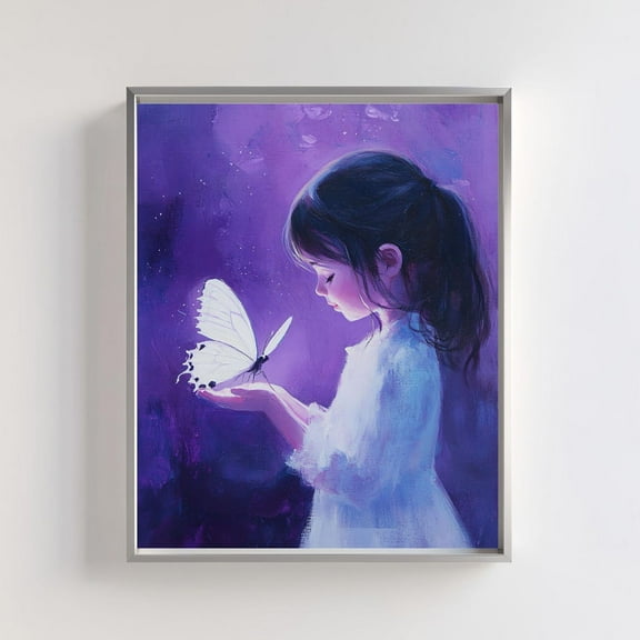 Girl With Butterfly Art Print, Dreamy Purple Decor, For Nursery, Whimsical Child Enchanted Kids Room Art Wall Art, Modern Wall Decor, 8x12 UNFRAMED