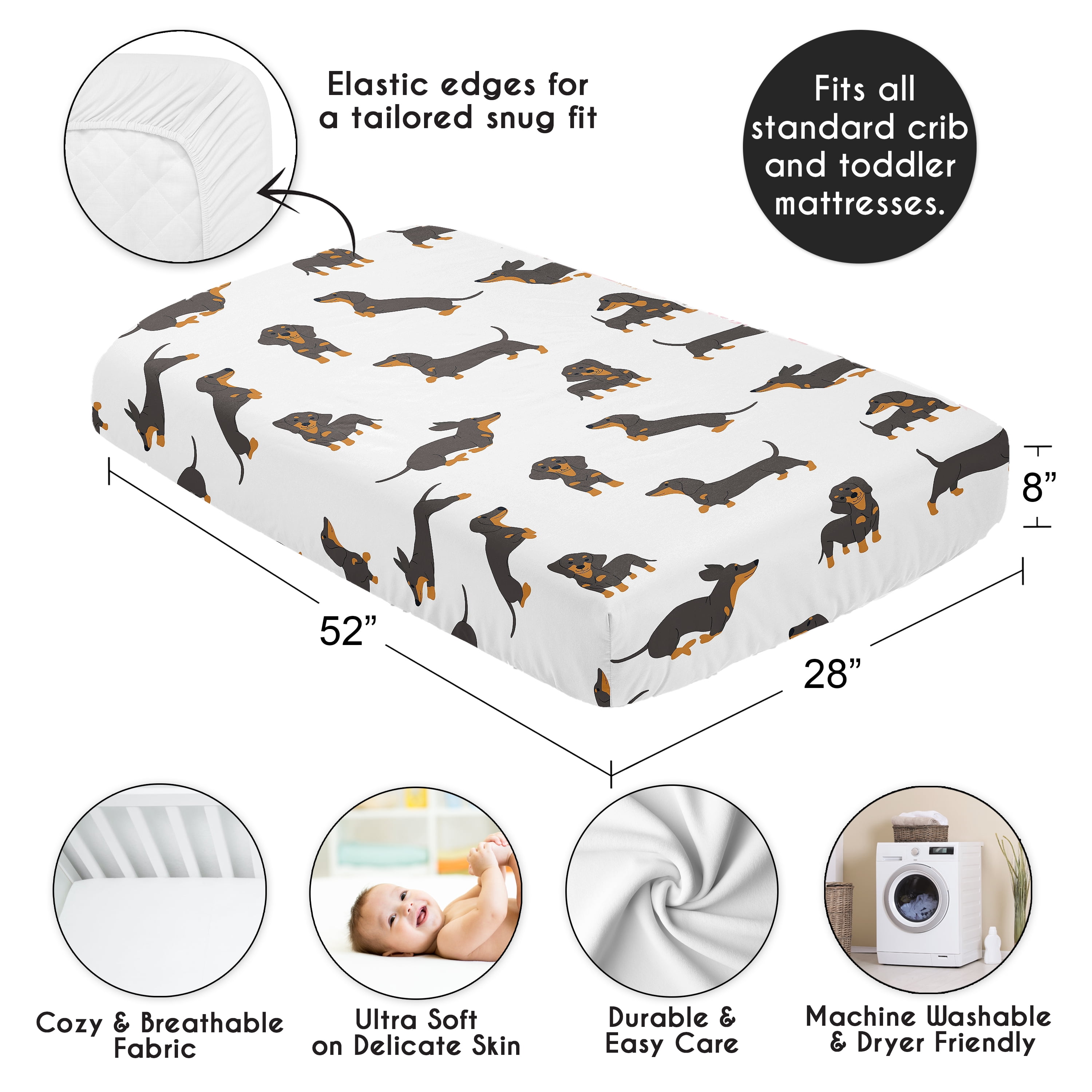 Sweet Jojo Designs Cartoon Puppy Dachshund Dog Boy, Girl, Unisex/Gender Neutral Fitted Crib Sheet