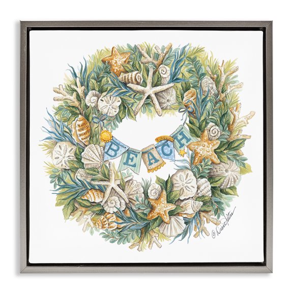 Stupell Industries Holiday Beach Seashell Wreath Holiday Painting Gray Floater Framed Canvas Art Print Wall Art, 25 x 25
