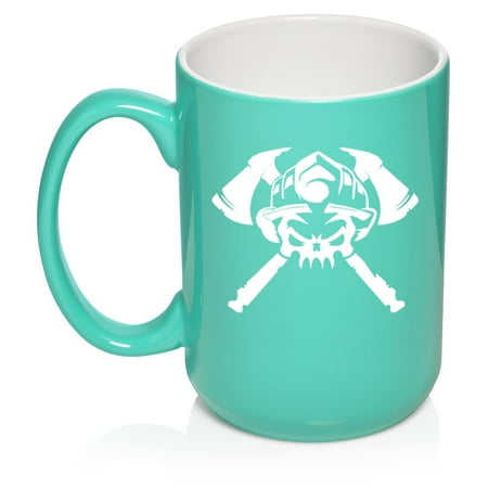

Firefighter Skull Ceramic Coffee Mug Tea Cup Gift for Him Men Dad Family Uncle Brother Son Husband Coworker Housewarming Retirement Friend Birthday Firefighters Day (15oz Teal)