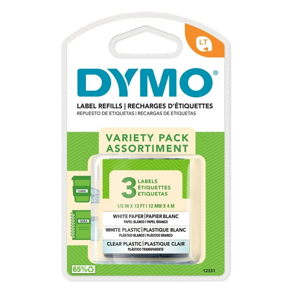 DYMO LT Labels Variety Pack, 1/2-Inch x 13-Foot Rolls, Black Print, 3 Rolls, for LetraTag label makers