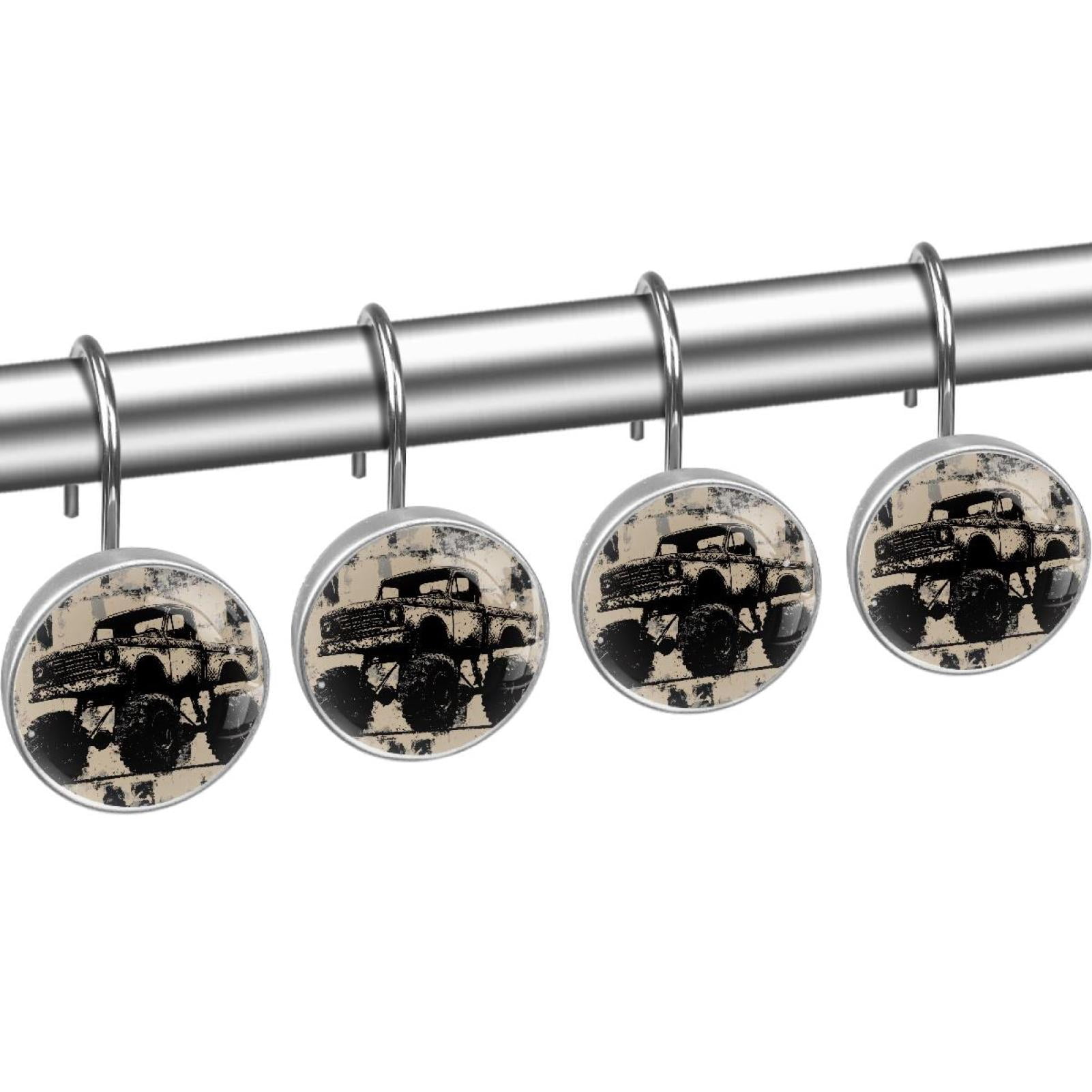 Black Monster Car Grunge Shower Curtain Hooks Round Crystal Glass, Set of 12 Shower Curtain Rings - Shower Hooks for Curtain Shower Rings