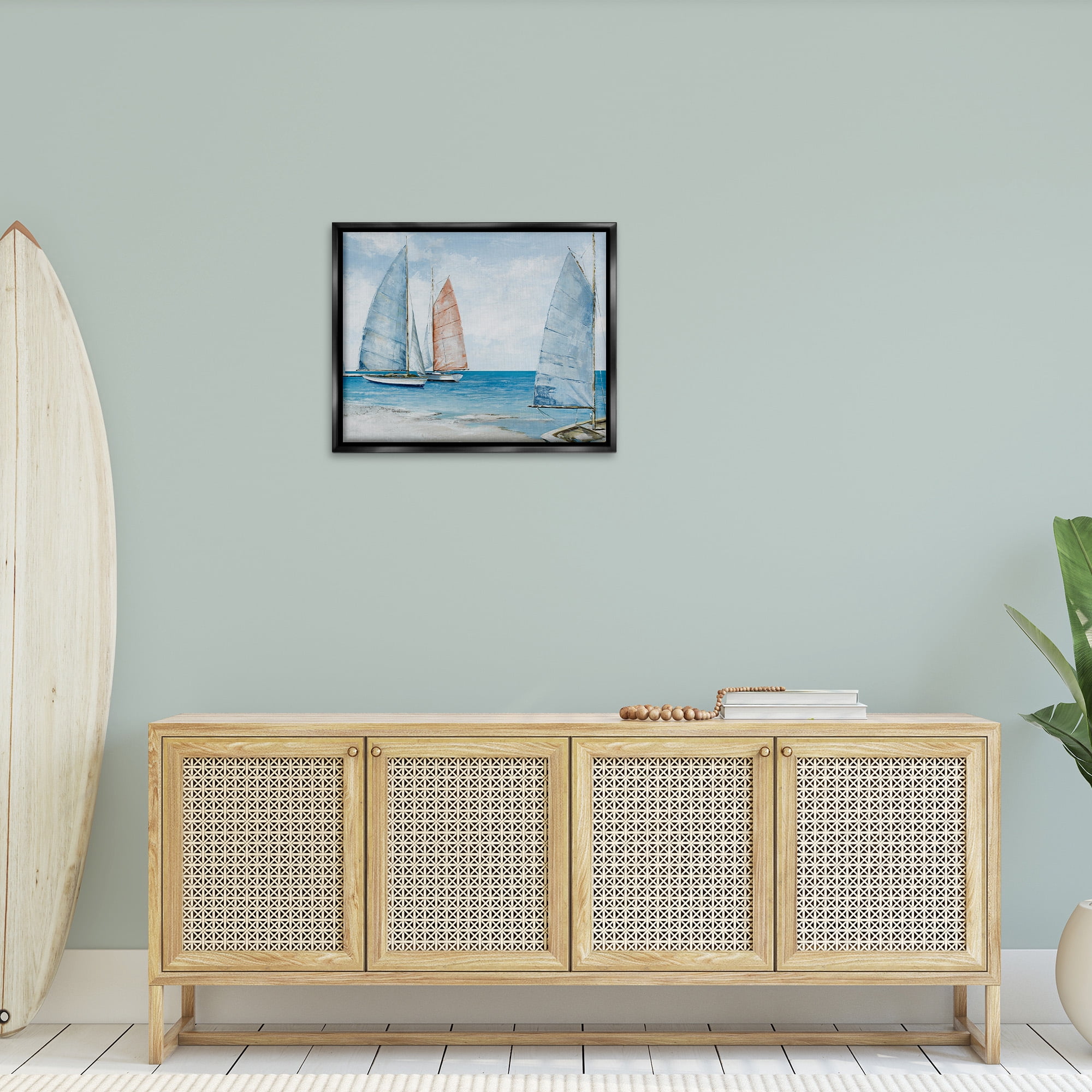 Stupell Industries Coastal Sailboat Fleet Transportation Painting Black Floater Framed Canvas Art Print Wall Art, 31 x 25