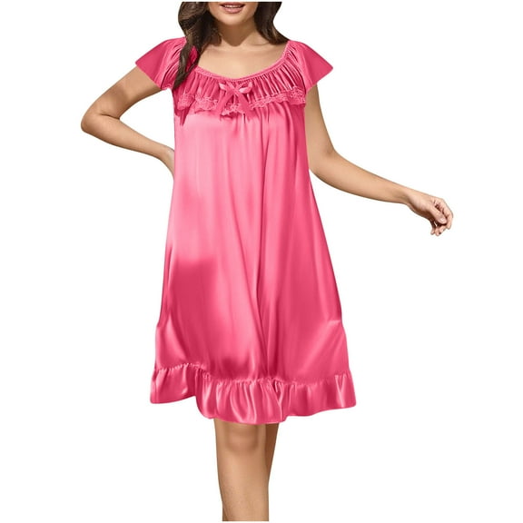 ShomPort Women's Thin Nightgown Silk Satin Cap Sleeve Solid Color Summer Breathable Pajama Dress