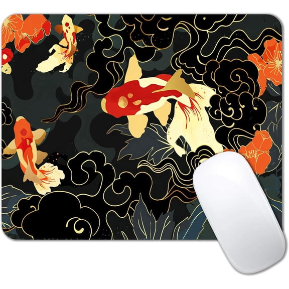 Japanese Koi Mouse Pad, Black Gold Gaming Mouse Pad, Anime Mousepad with Non-Slip Rubber Base, Computer Mouse Mat Office Accessories Decor Gift, 9 x 8 Inch