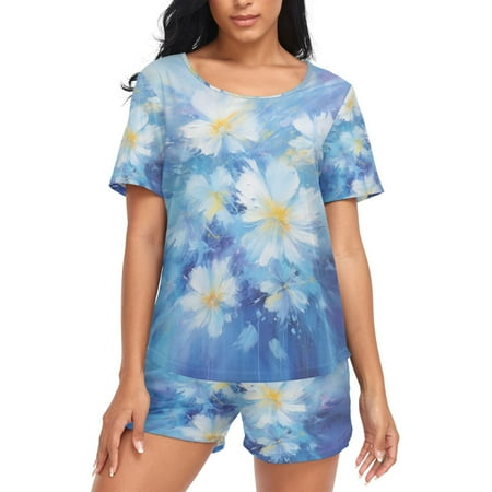 joogoo Women s Pajama Set Flower Art Short Sleepwear Loungewear with Pockets XL