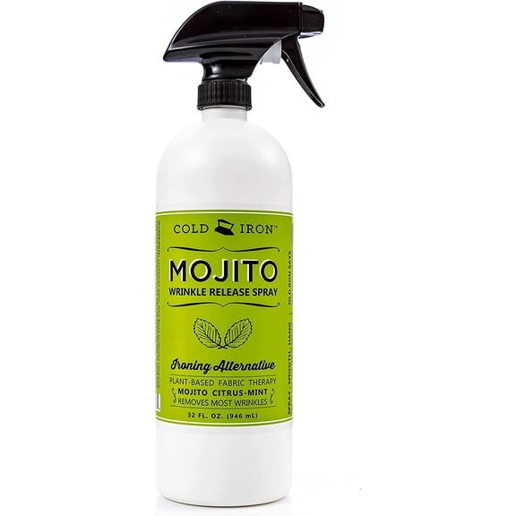 Wrinkle Release Spray for Clothes. 32 fl oz. Mojito Citrus Mint. Plant Based Ironing Alternative. Fast, Easy to Use. Spray, Smooth, Hang. Award Winning Formula Saves you Time