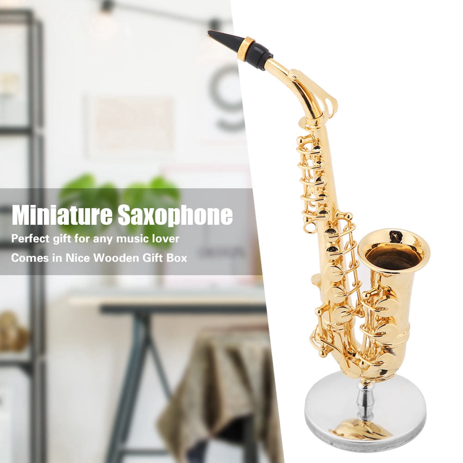 Miniature Alto Saxophone Replica with Stand and Case Gold Plated Instrument Model Ornaments