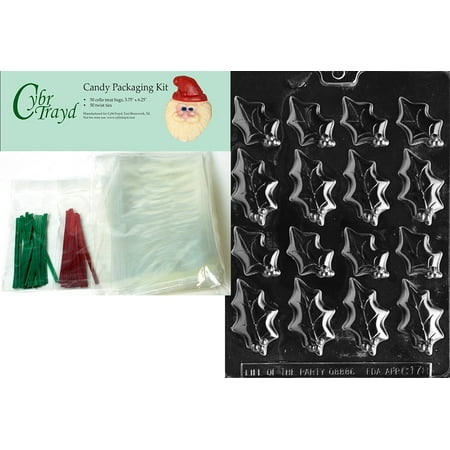 

Cybrtrayd MdK50C-C178 Holly Leaves 2-Size Christmas Chocolate Mold with Chocolate Packaging Kit Includes 50 Cello Bags 25 Red and 25 Green Twist Ties