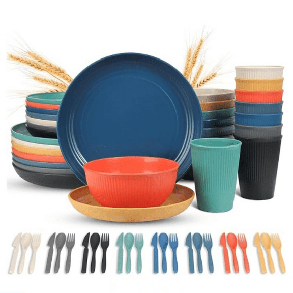 56 Piece Wheat Straw Dinnerware Sets,Unbreakable Reusable Dinnerware Set,Dishwasher & Microwave Safe Plates and Bowls Sets, for Apartment Essentials, Outdoor Camping, Colourful