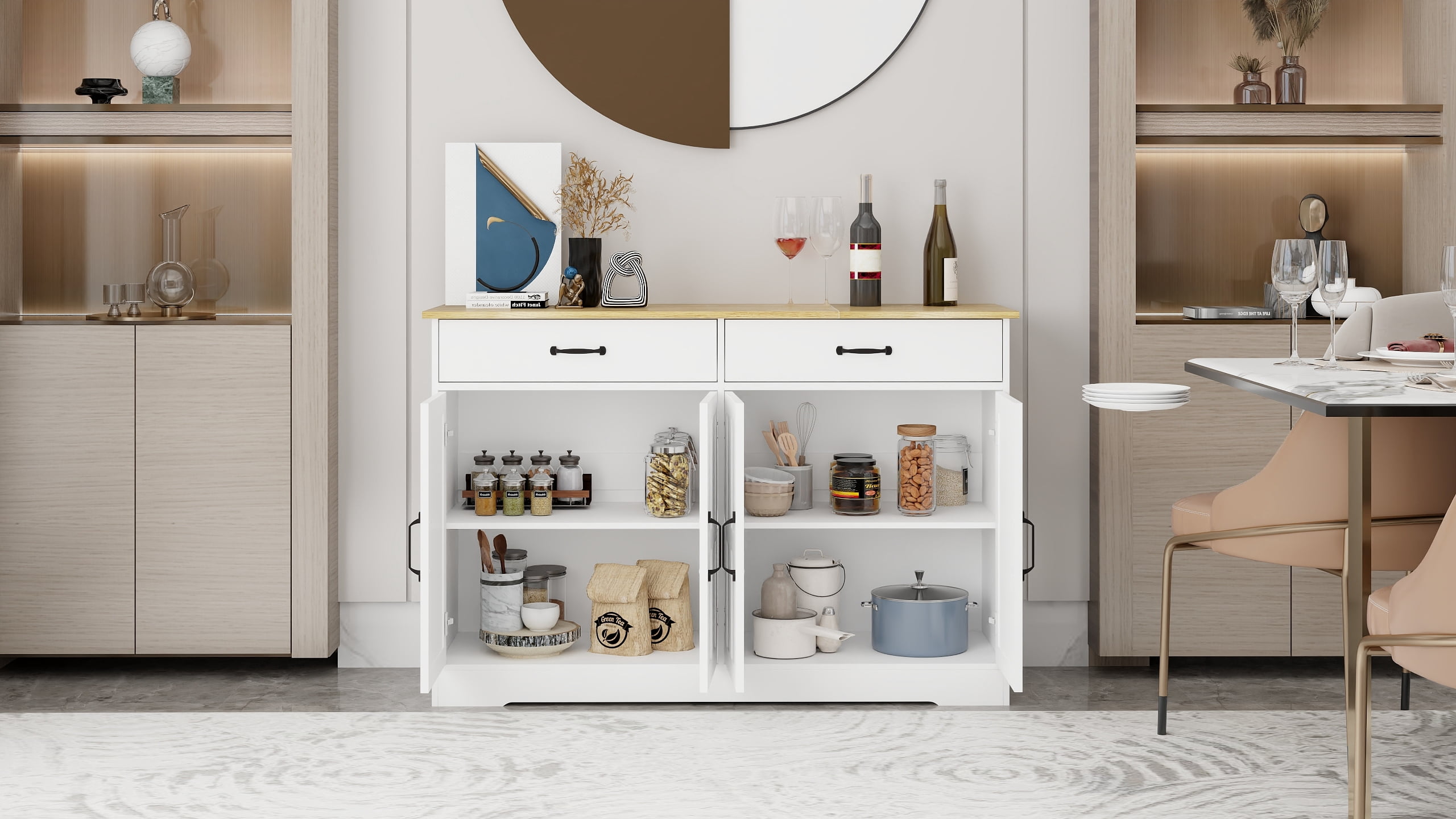Mintazer Farmhouse Sideboard Buffet Cabinet with 2 Drawers & 4 Doors, Freestanding Storage Cupboard for Kitchen Dining Room Living Room, White