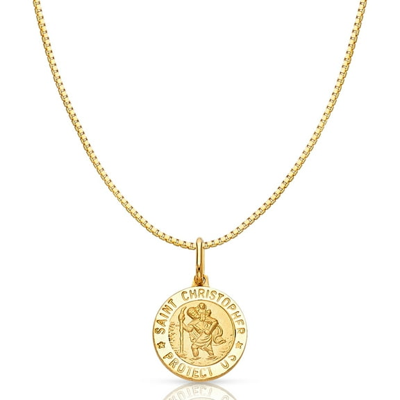 14K Yellow Gold St. Christopher Protect Us Religious Charm Pendant with 0.8mm Box Chain Necklace - 20"