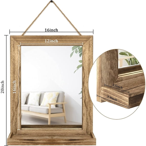 Sfugno Wall Mirror with Shelf, 20 x 16 inch Wall Mirror Hanging for Bathroom, Vanity, Bedroom, Entryway, Living Room(Rustic Brown)