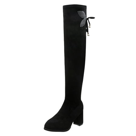 DVKOVI Fall Shoes for Women 2024 Over the Knee Boots Ladies Solid Color Simple Suede Rhinestone Butterfly Stretch Knee High Elastic Padded Long Boots Boots Tall Cowgirl Boots Black 42