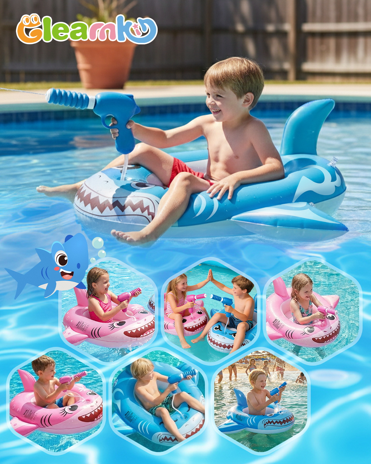 Inflatable Pool Floats for Kids, 2 Pack Shark Swimming Pool Toys with 2 Water Squirt for Summer Outdoor Water Game