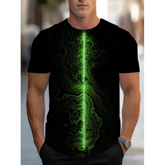 Men's Neon Green Abstract Pattern T-Shirt - Lightweight Summer Casual Crew Neck, Black and Green Contrasting Color Design, Fitness Outdoor Two Wear, Comfortable and Durable Polyester Fabric