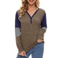 thumbnail image 1 of Blusa de patchwork de manga larga con escote en V, botones y rayas - Blusa informal marrón para mujer para otoño/invierno, talla M, 1 of 5