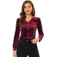 thumbnail image 1 of Blusa de mujer con cuello en V y manga larga de terciopelo con pliegues delanteros y botones borgoña L, 1 of 5