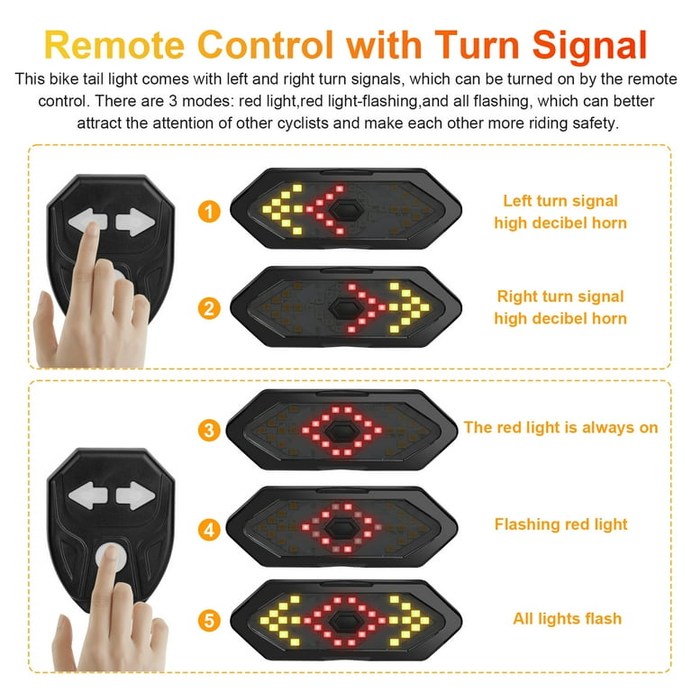 TSV Bike Turn Signals Light 100LM 5 in 1 Smart Bright Bike Rear Tail Lamp IPX2 USB Charge Waterproof Safety Cycle Night Light