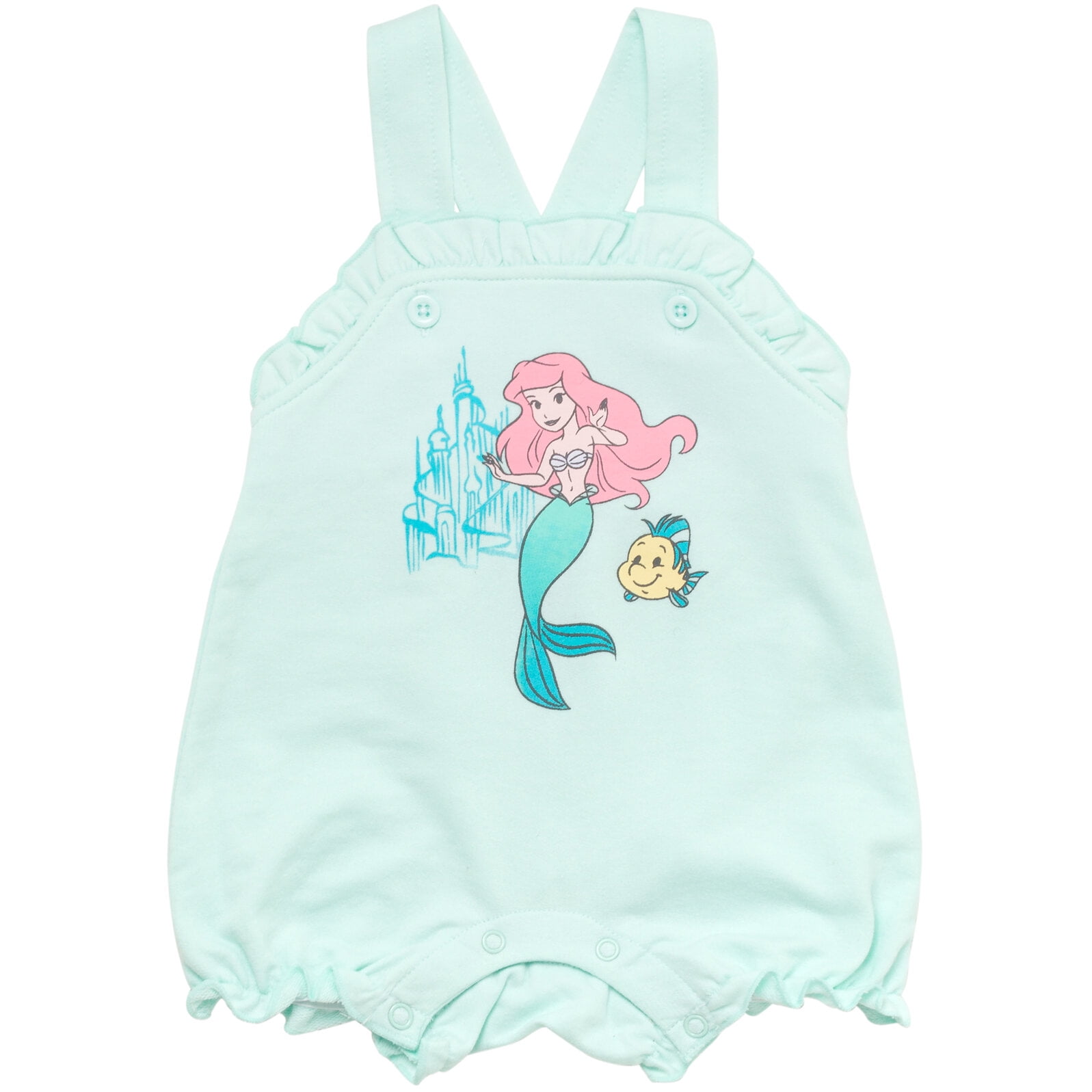 Disney Princess Ariel Infant Baby Girls French Terry Short Overalls T-Shirt and Hat 3 Piece Outfit Set Newborn to Infant