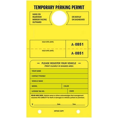 Temporary Parking Permit - Mirror Hang Tags, Numbered with Tear-Off Stub, 7-3/4" x 4-1/4", Bright Fluorescent Yellow - Pack of 50 Tags (0851-0900)