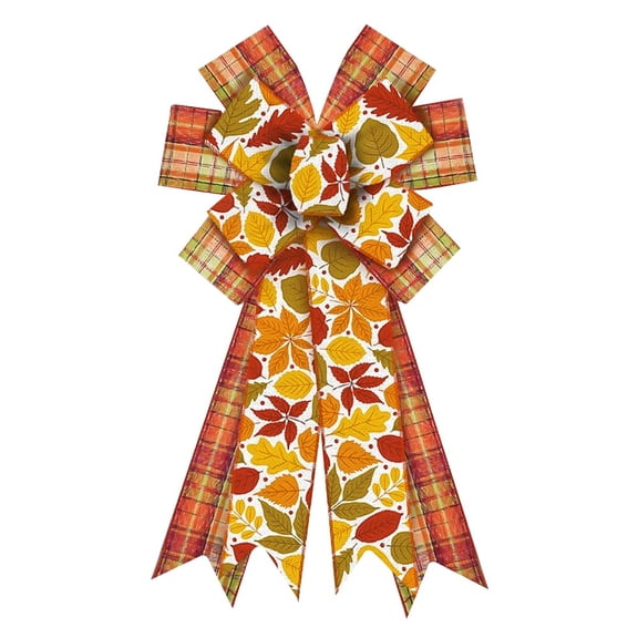 Hying Large Fall Bow for Wreath, Burlap Orange Green Plaid Wreath Bow for Autumn Décor 1Pc