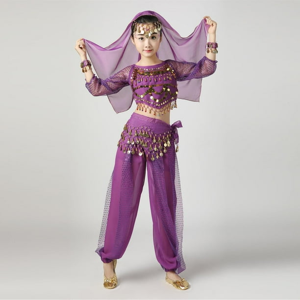 Conjuntos de top de lentejuelas de manga larga para niños, pantalones largos con cintura elástica, traje de baile dividido de talla mediana para niños con cadena en la cintura, diadema y pulsera, conj