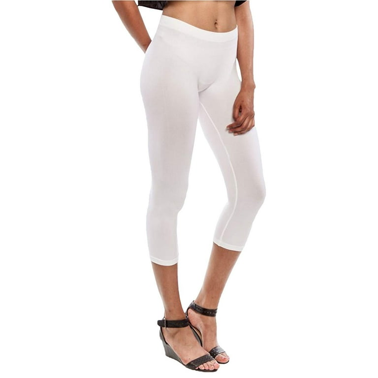 Womens Capri Tights, 6 Pairs, Footless Nylon Comfortable Stretchy Pants,  Bulk pack (White, 6)