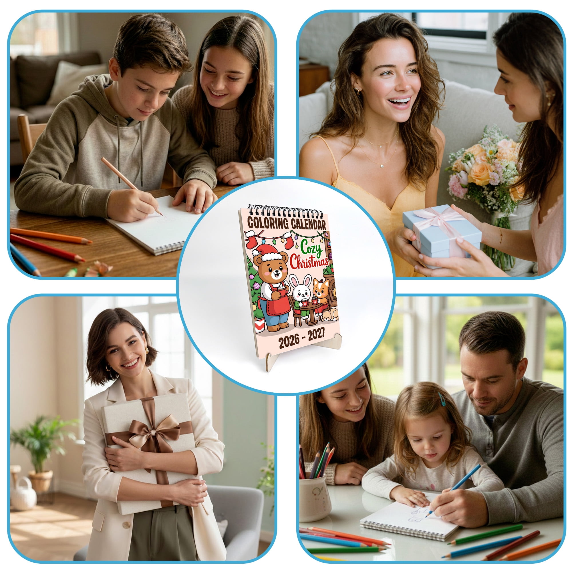 Cozy Christmas Coloring Desk Calendar 2026–2027, A5 Wooden Cover Planner with 26 Easy Coloring Pages for Adult Relaxation, 24 Month Desktop Calendar with Stand, Gift for Family & Friends