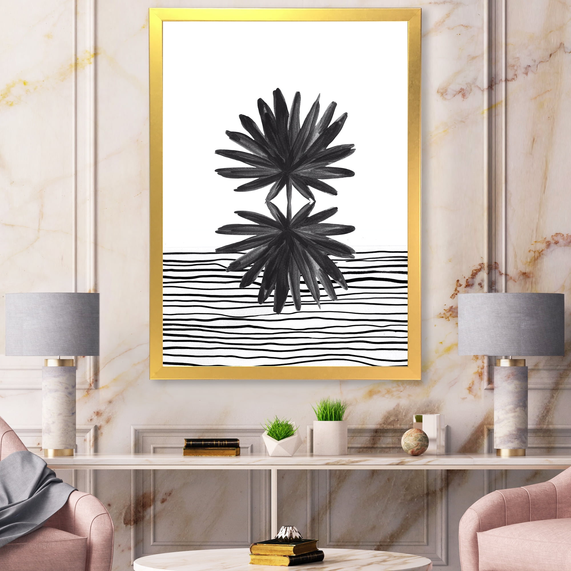 Designart 'Black and White Striped Under Tropical Leaf II' Modern Framed Art Print