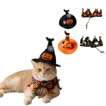 Halloween Pet Costume Accessories Set,2 Styles Adjustable Witch Hat&Pumpkin Print Bandana Collar, Cute Spider Bat Pumpkin Cosplay Outfit for Small Medium Cats Dogs Halloween Party Photo Prop-Black