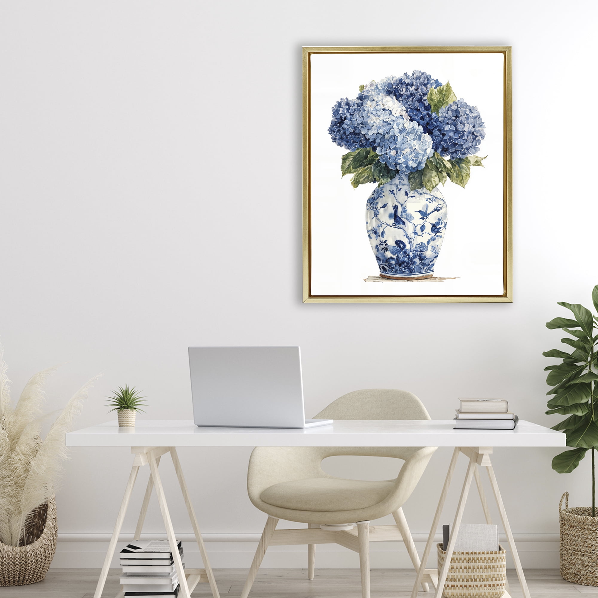 Stupell Industries Blue Hydrangeas in Porcelain Gold Framed Floater Canvas Wall Art, design by Imagine It Images