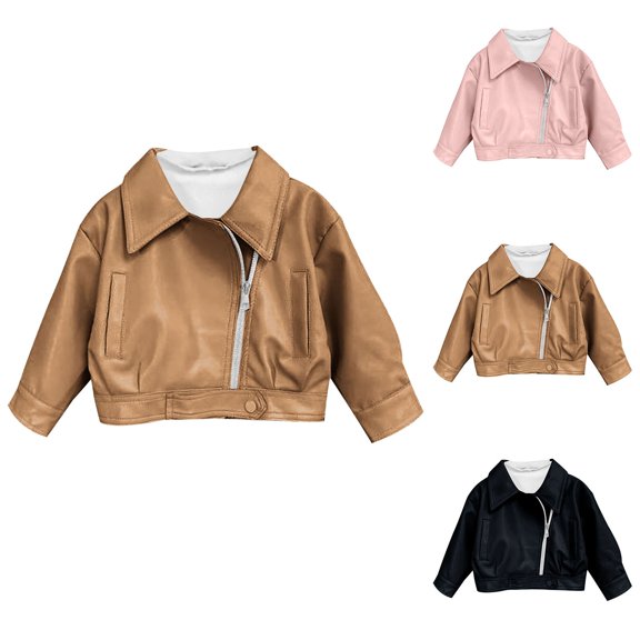 Lovzfmll Toddlers Kids Boys Girls PU Leather Jacket, Notch Collar Zip Front, Stylish Warm Winter Coat for Kids for 1-11 Years