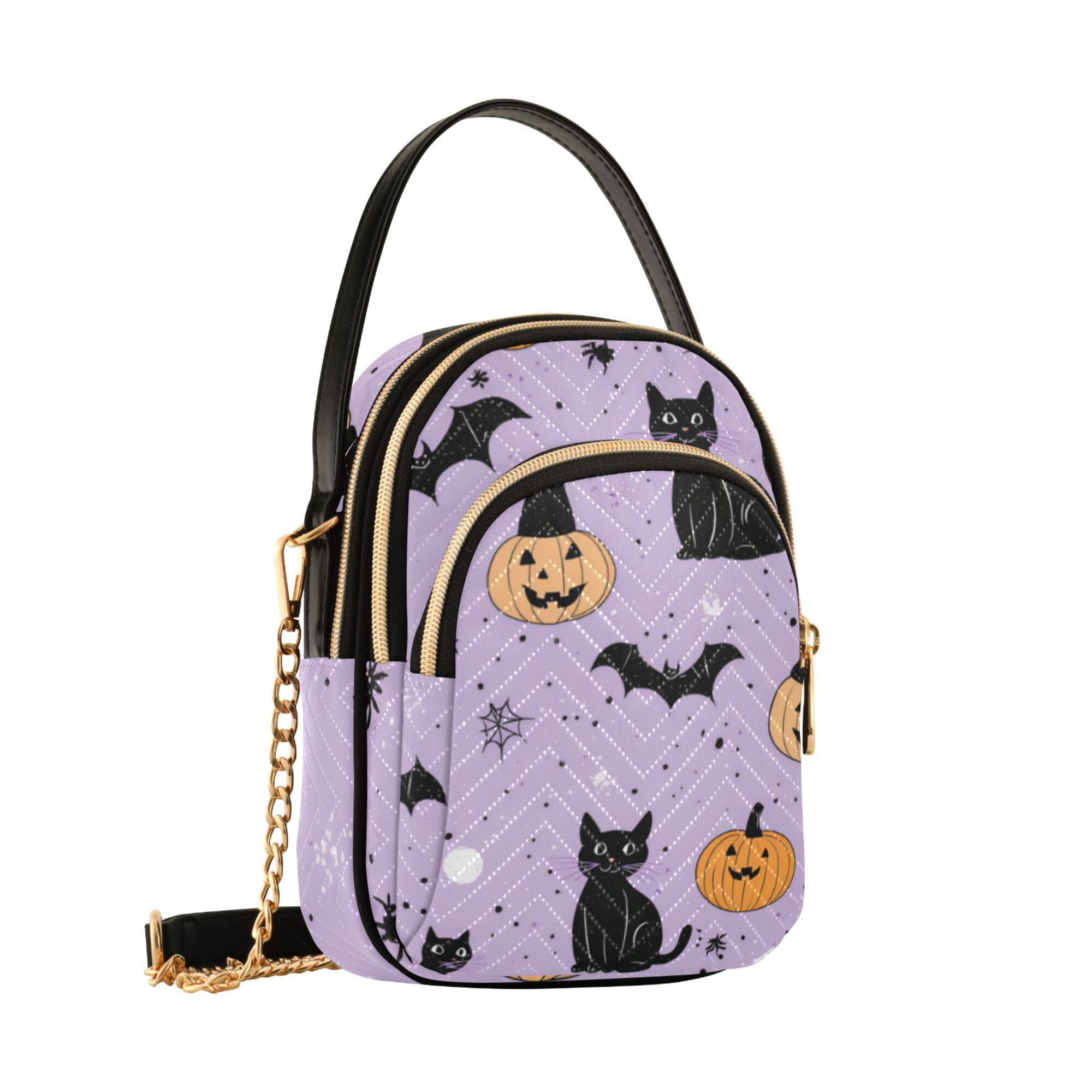 FORMRS Crossbody Bag for Women Quilted Travel Shoulder Cell Phone Purse with Chain Strap Handbag, Light Purple Halloween Black Cat